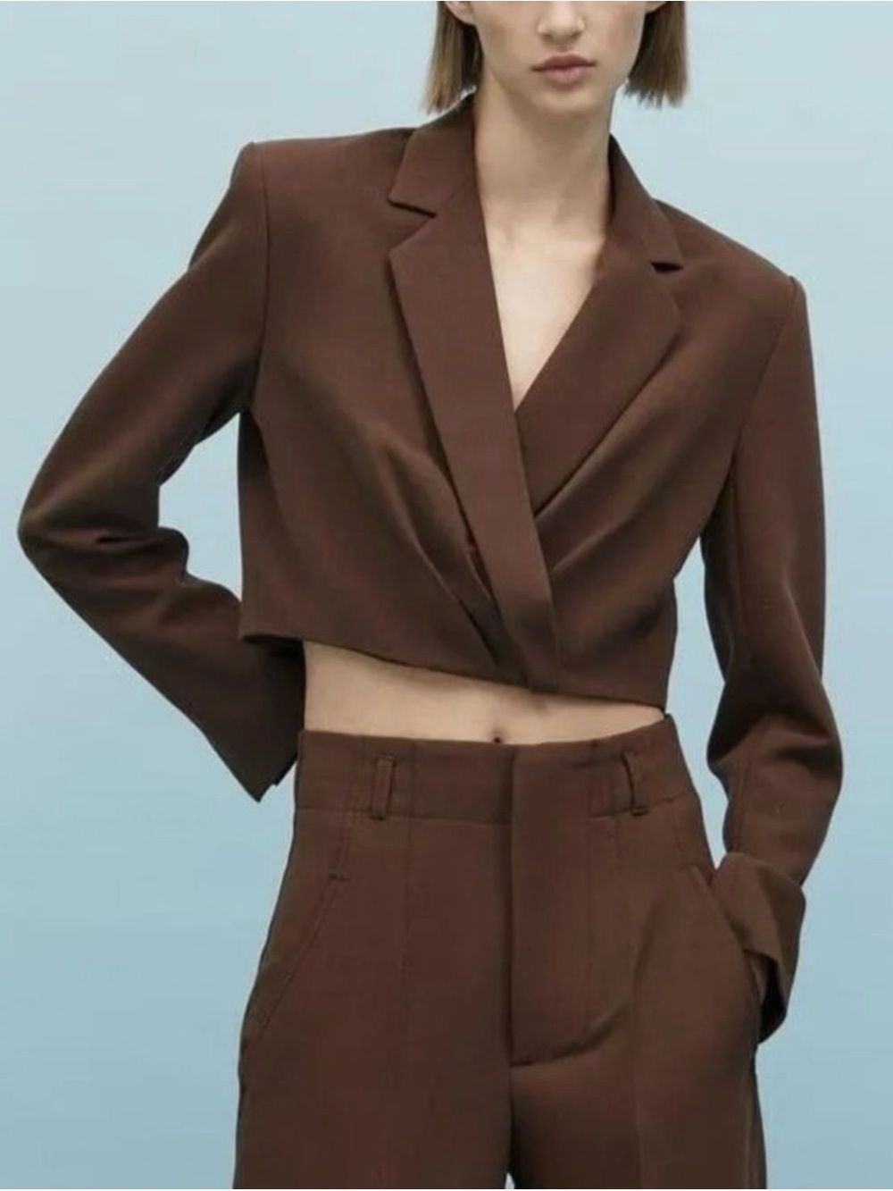 Zara Brown Cropped Blazer with Shoulder Pads